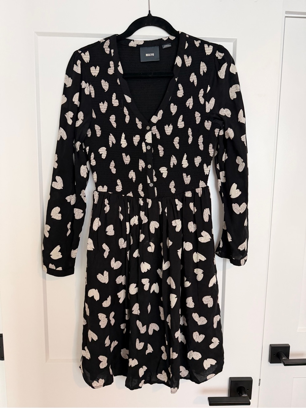 Maeve Black Dress with Cream Heart Print, Long Sleeve